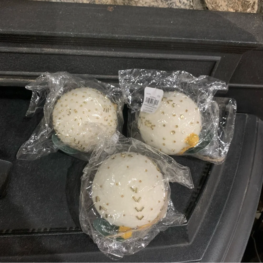 West Elm Beaded Felt Gold Beaded Christmas Ornament Ball White NWT Lot of 3